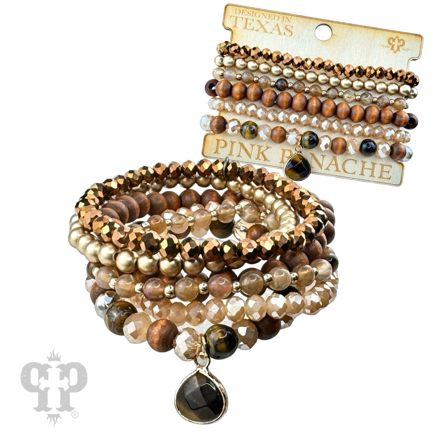 Tiger Eye Beaded Bracelet Set w/ Teardrop Charm