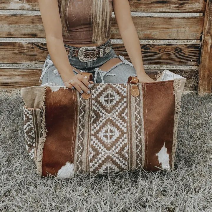 Brown Cowhide Travel Weekender Bag