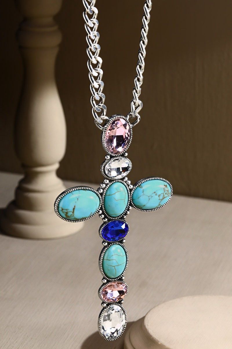 Chain Link Necklace with Crystal &amp; Stone Cross