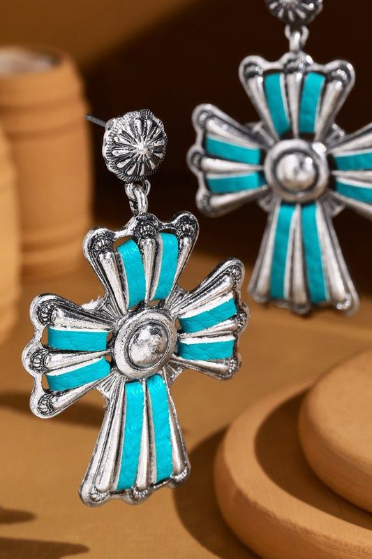 Leather Cross Earrings with Metal Post