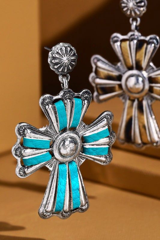 Leather Cross Earrings with Metal Post