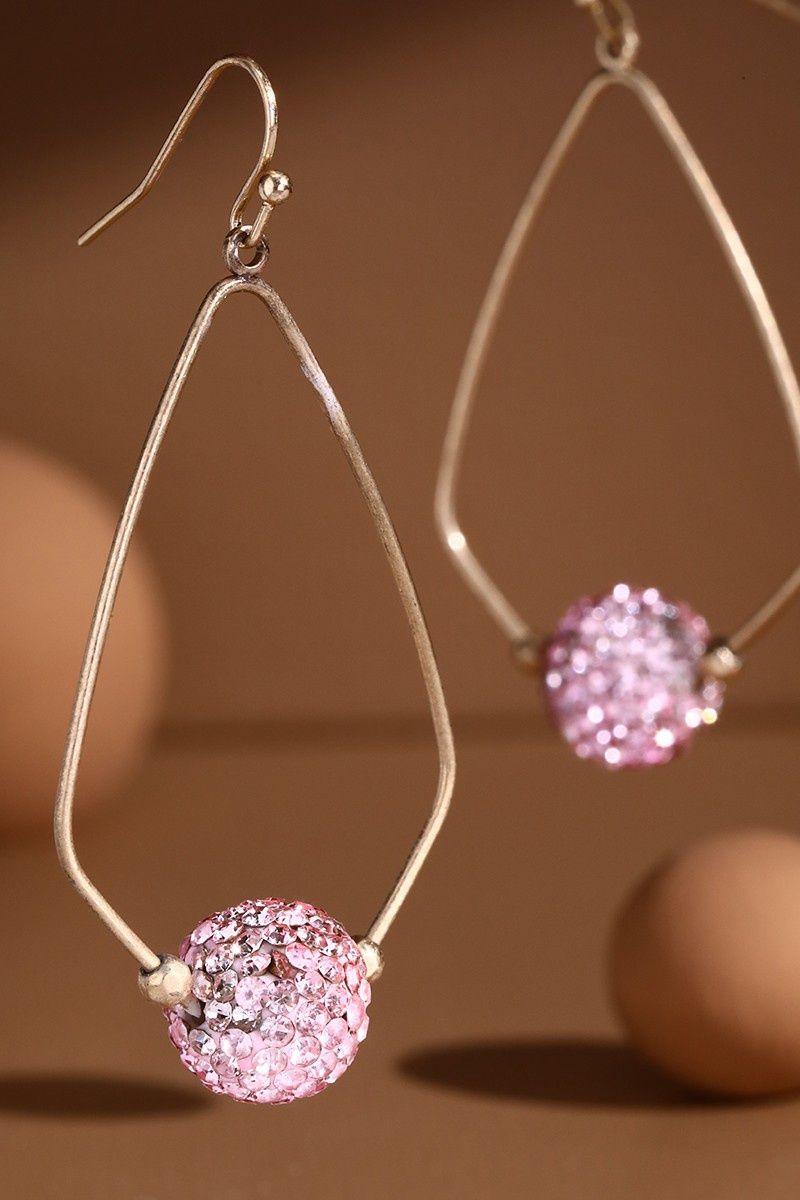 Teardrop Dangle Earrings w/ Pink Rhinestone Ball