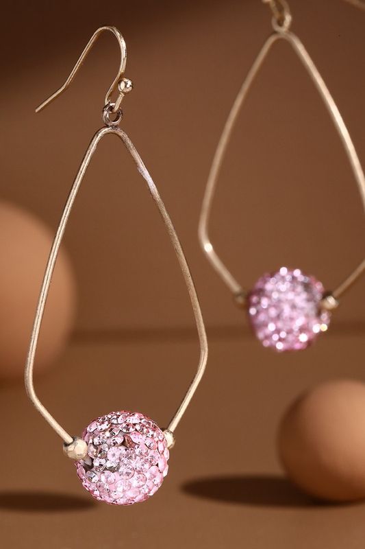 Teardrop Dangle Earrings w/ Pink Rhinestone Ball