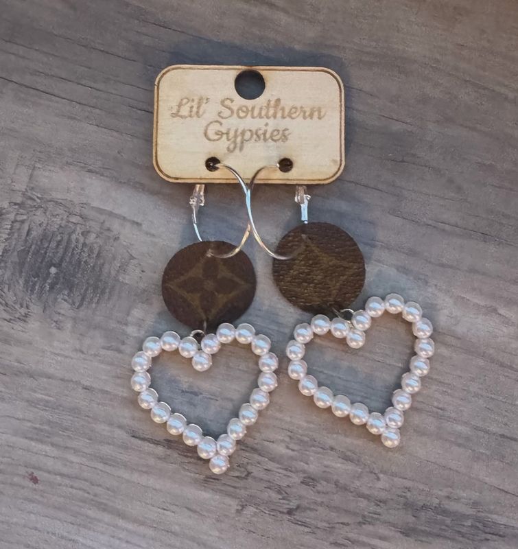 Repurposed Pearl Heart LV Earrings