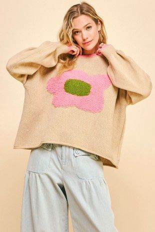 Textured Daisy Long Sleeve Knit Sweater