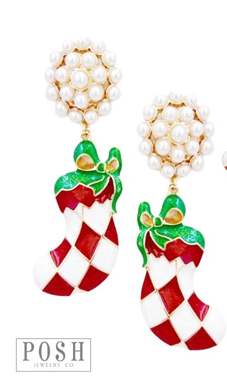 Harlequin Stocking  Pearl Stud Post Earring