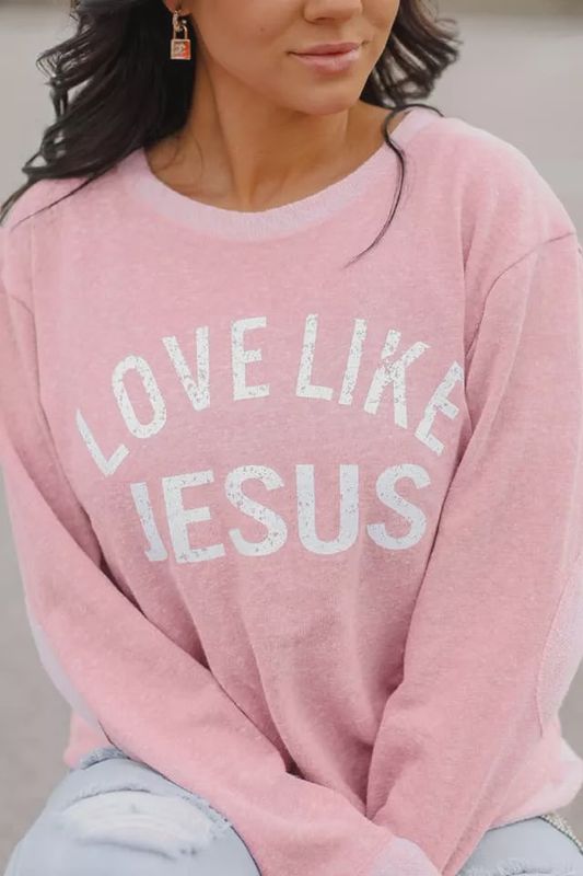 &quot;Love Like Jesus&quot; French Terry Sweater w/ Elbow Patched Reg/Plus