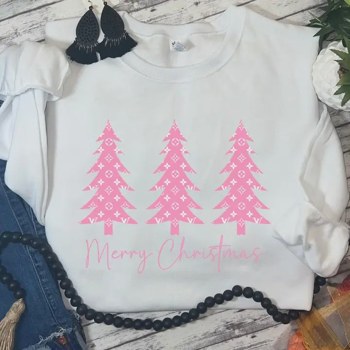 Pink Merry Christmas Trees Graphic Sweatshirt Reg/Plus