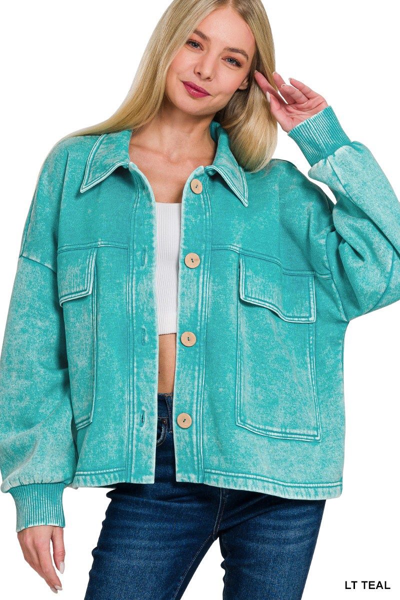 Acid Wash Fleece Front Pocket Cropped Shacket