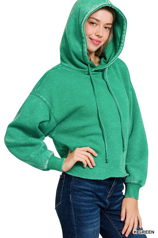Acid Wash Fleece Cropped Hoodie