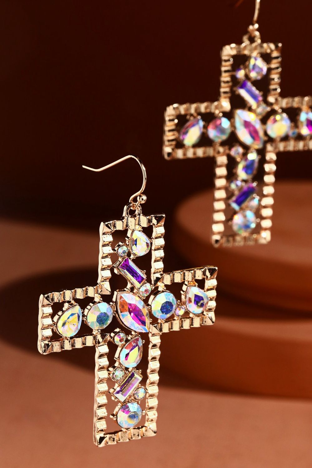 Textured Metal &amp; Glass Cross Earrings