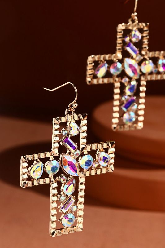 Textured Metal &amp; Glass Cross Earrings