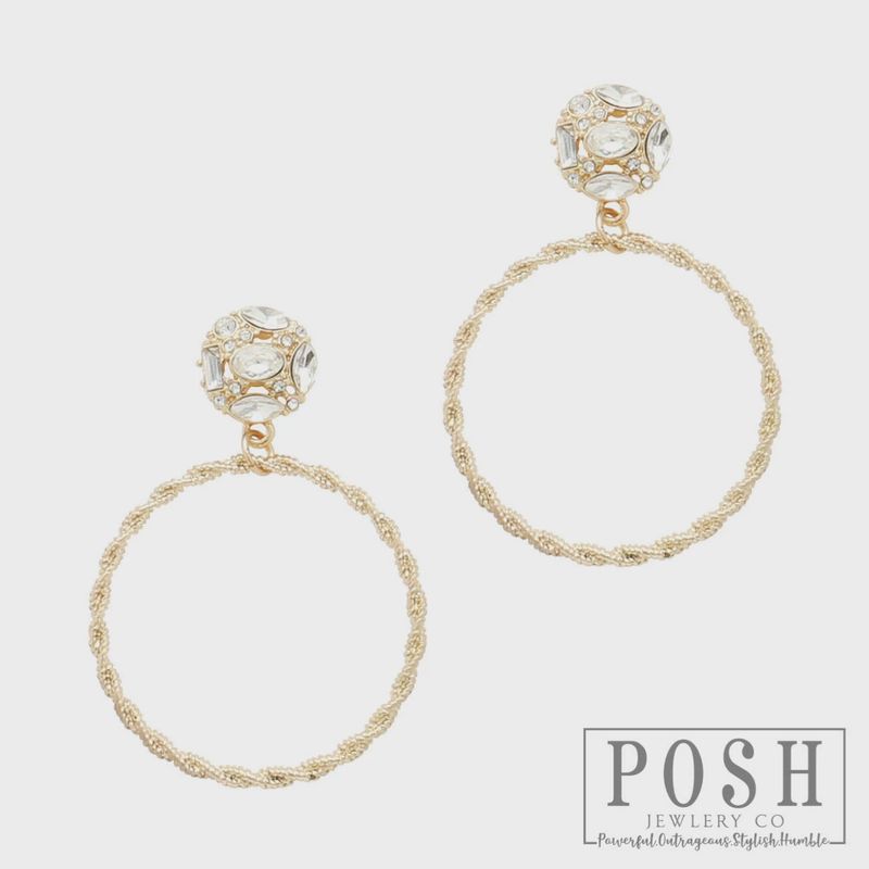 Gold Circle on Clear Rhinestone Earrings