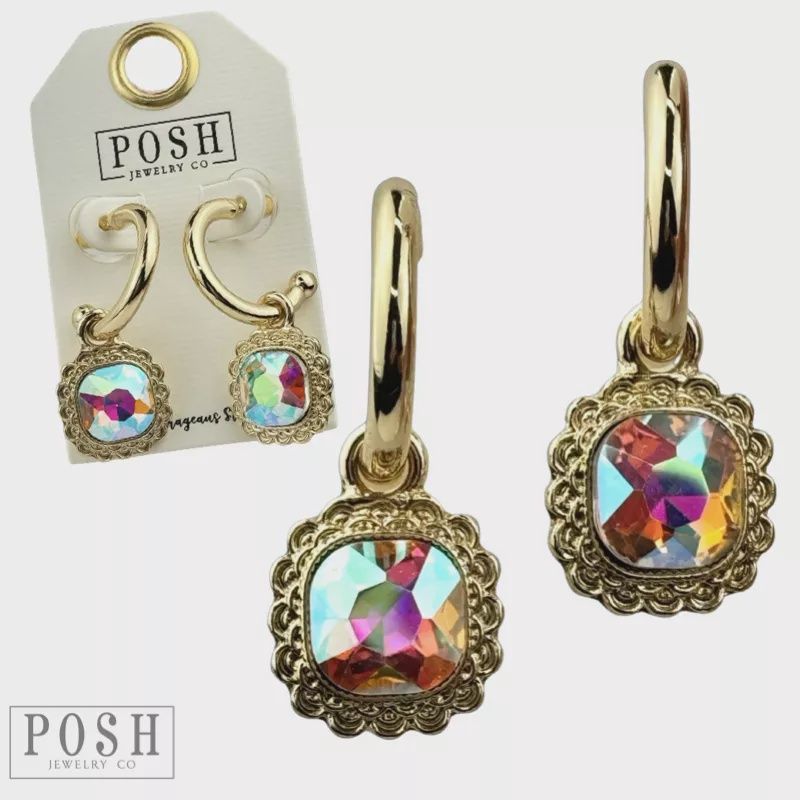Iridescent Square Rhinestone Dangle Hoop