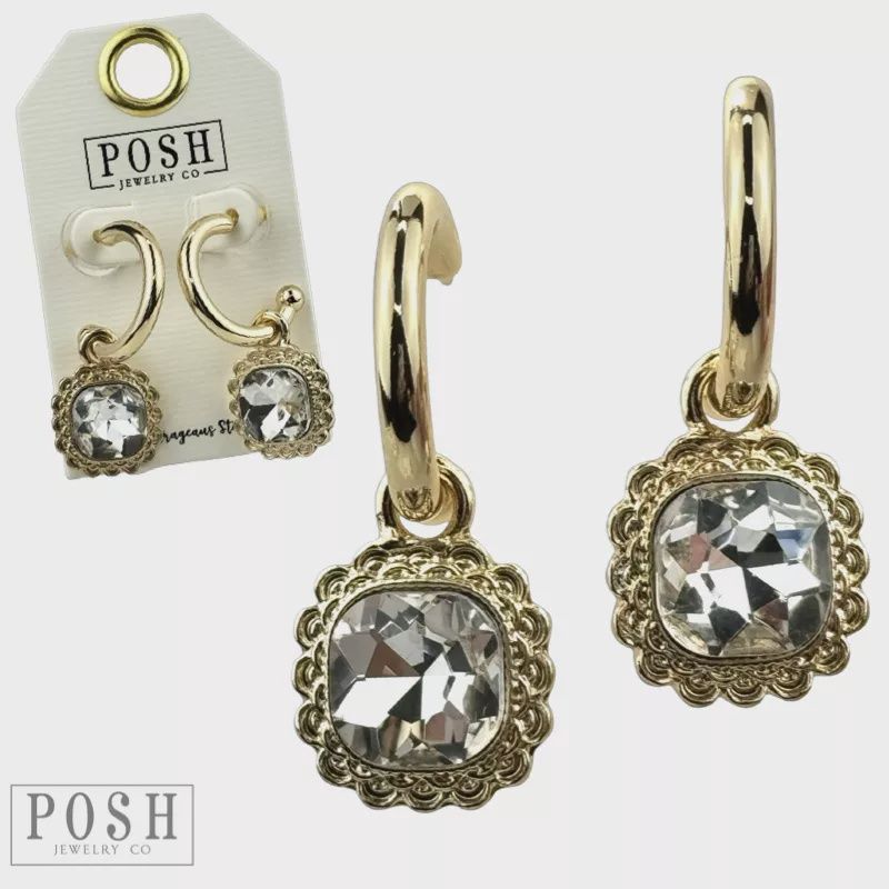 Gold Square Rhinestone Dangle Hoop Earring