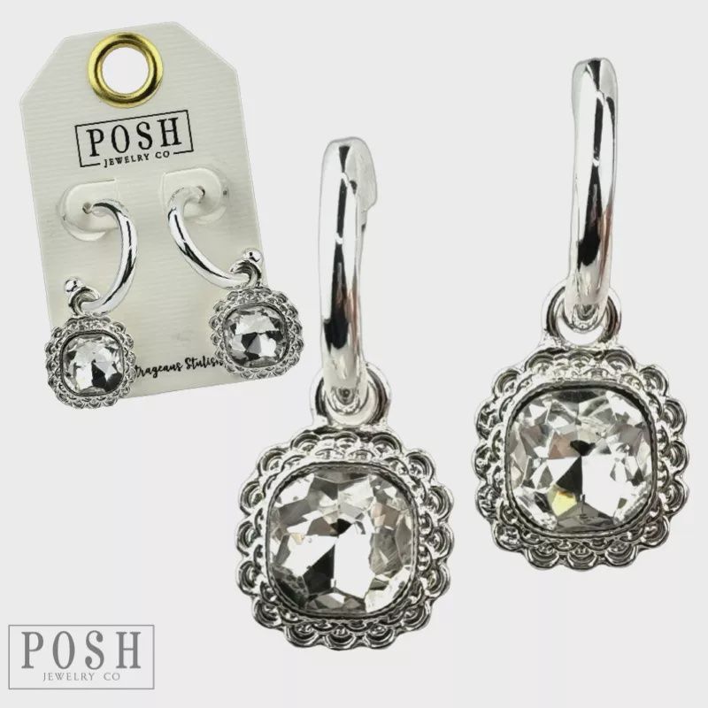 Silver Square Rhinestone Dangle Hoop Earring