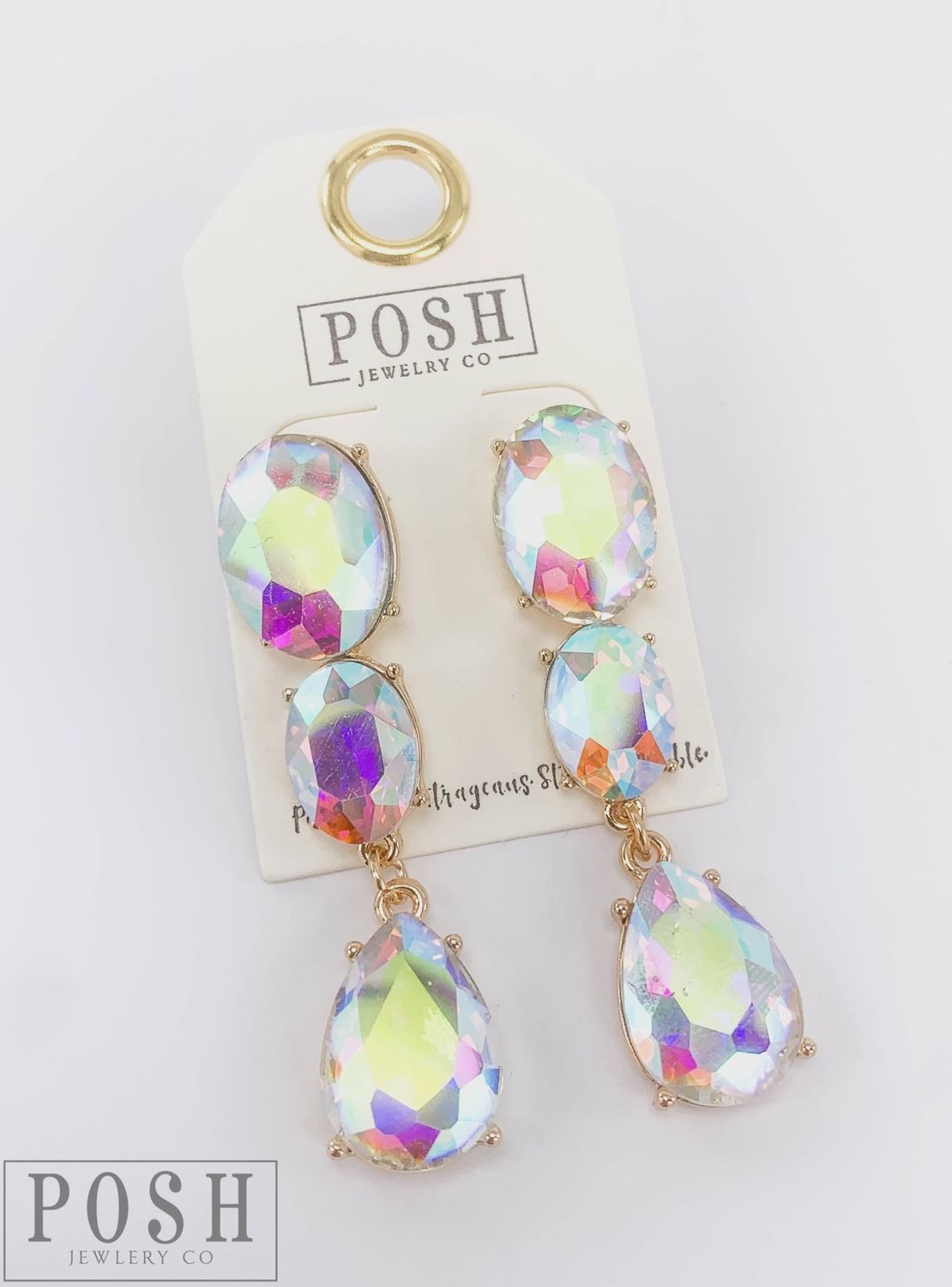 Rhinestone Oval Teardrop Earrings-Gold