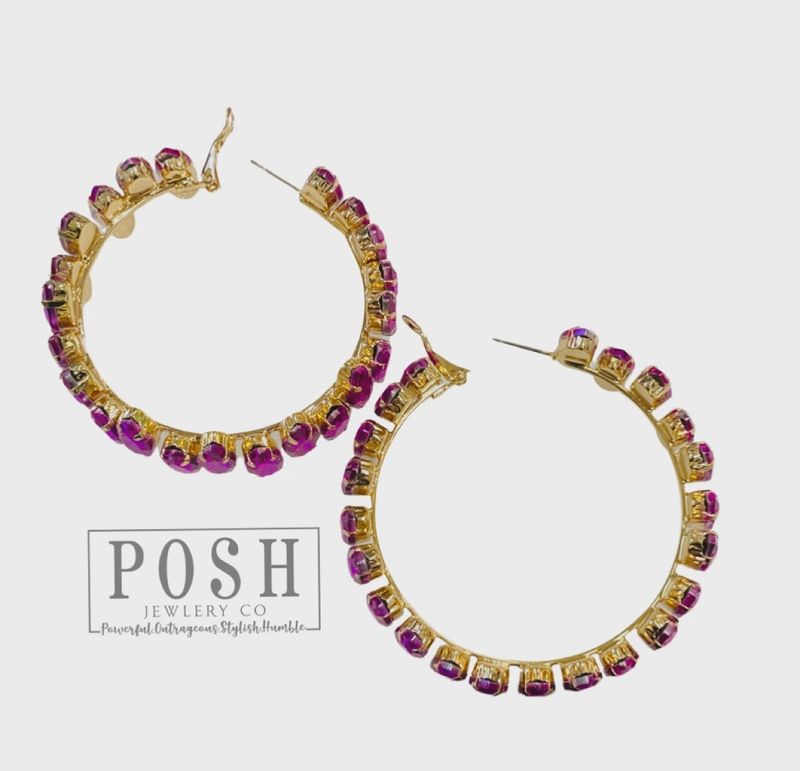 Rhinestone Hoop Earrings-Fuchsia