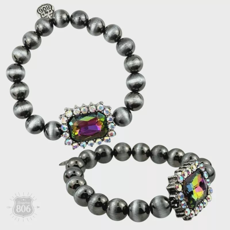 Navajo Burnished Beaded Rhinestone Charm Bracelet