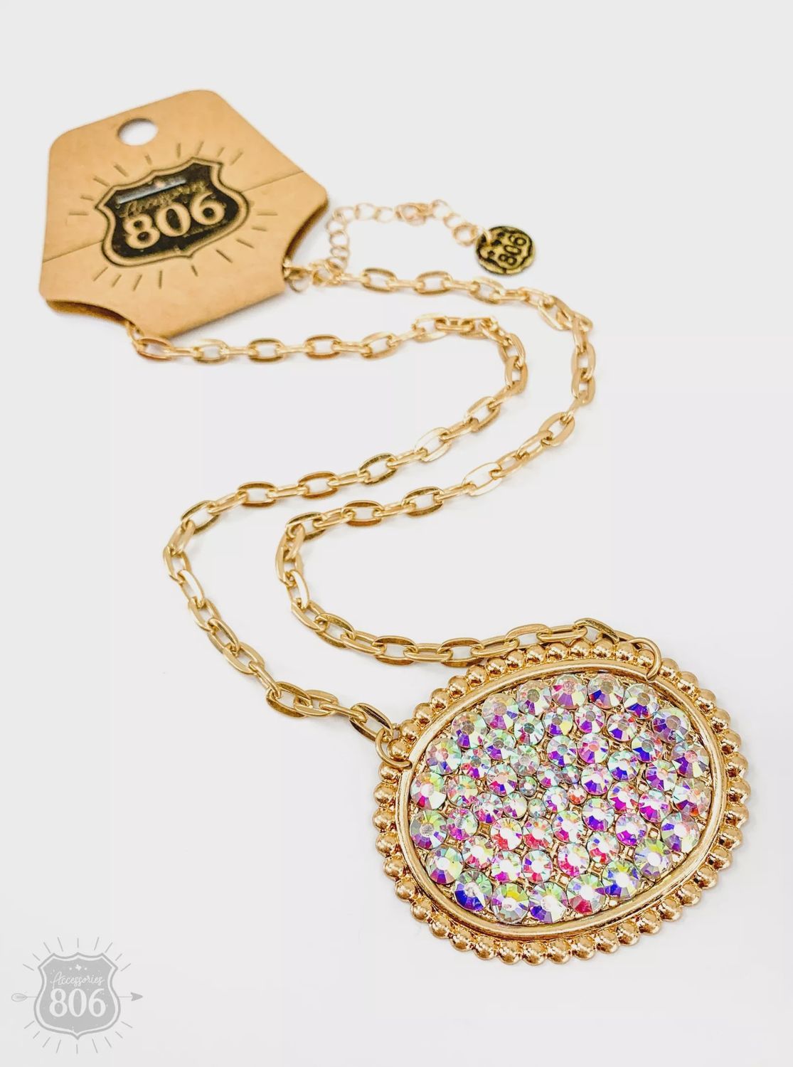 AB Rhinestone Filled Oval Necklace-Gold