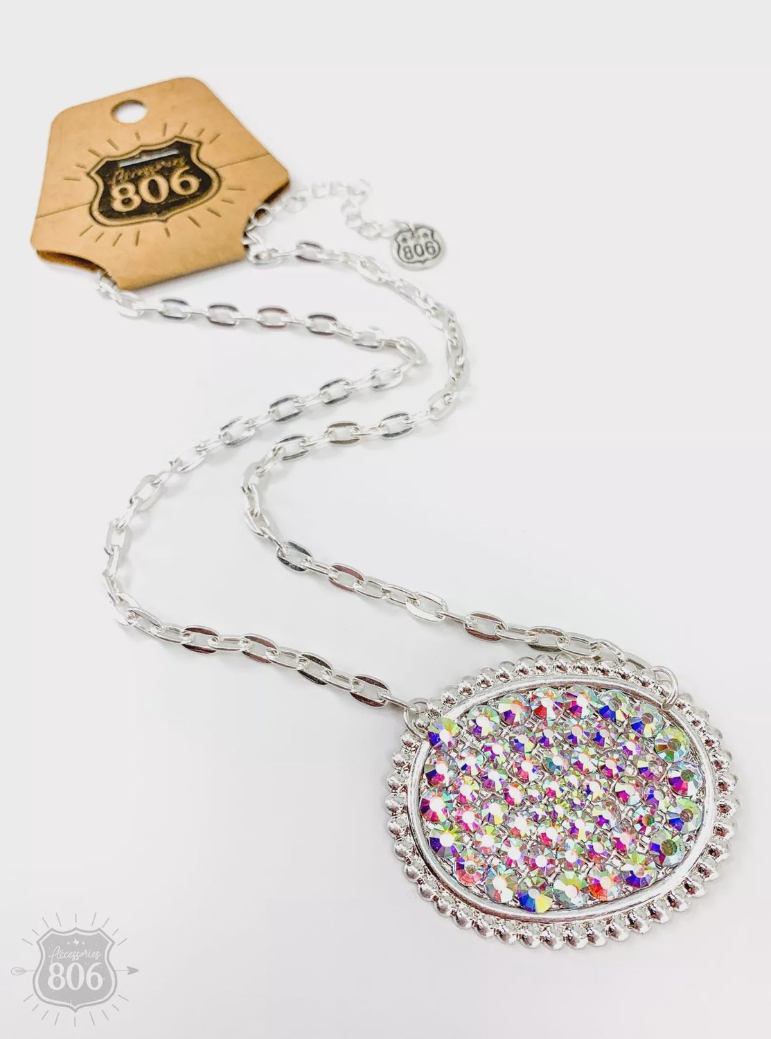 AB Rhinestone Filled Oval Necklace-Silver