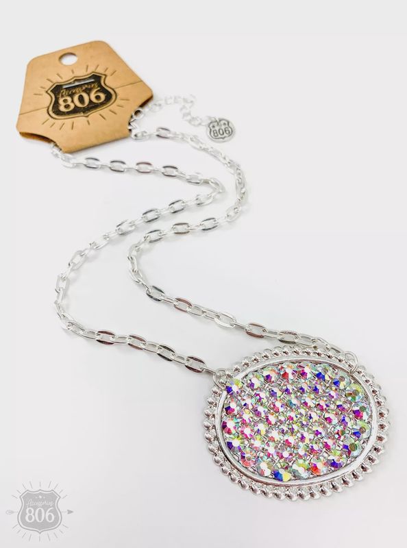 AB Rhinestone Filled Oval Necklace-Silver