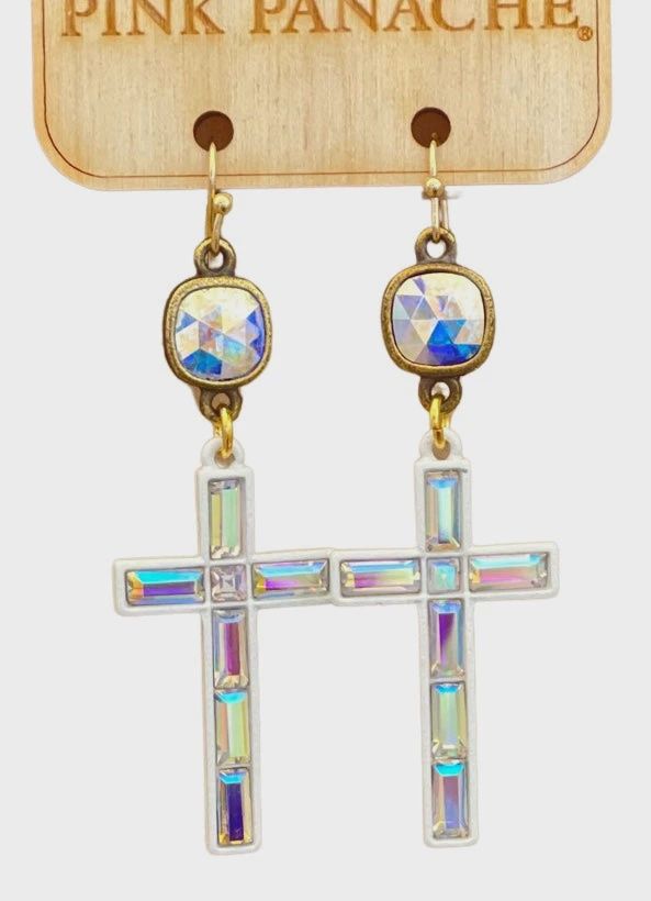White Iridescent Rhinestone Cross Earring w/ Austrian Crystal