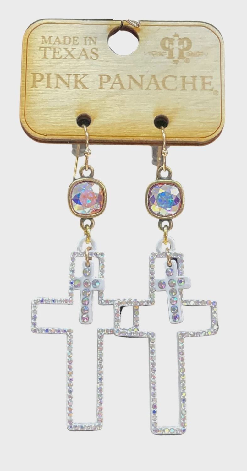 White Double Cross Earring w/ Austrian Crystal