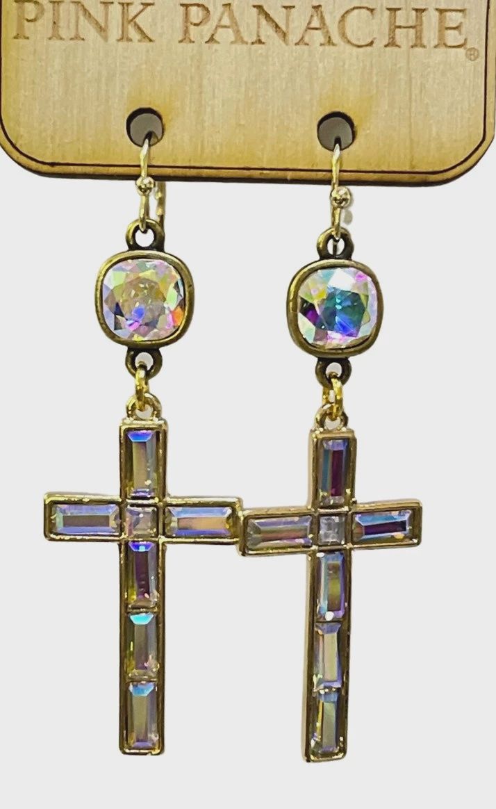 Iridescent Rhinestone Cross Earring w/ Austrian Crystal