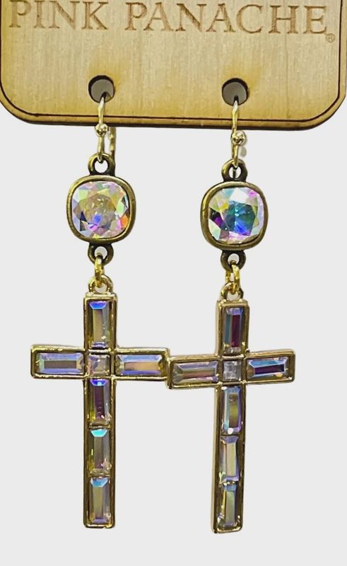 Iridescent Rhinestone Cross Earring w/ Austrian Crystal