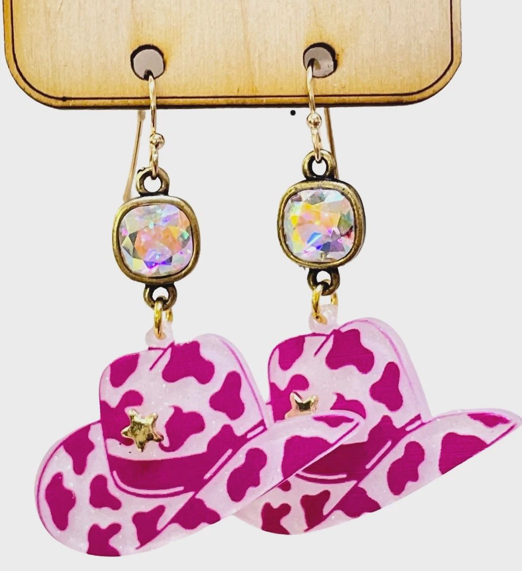 Pink Cowboy Hat Earrings w/ Austrian Crystal