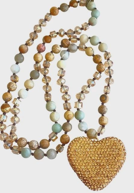 Gold Pave Rhinestone Heart Pendant Necklace