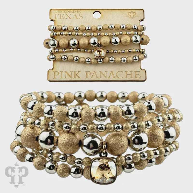 Gold &amp; Silver 5 strand Round Bead Bracelet Set