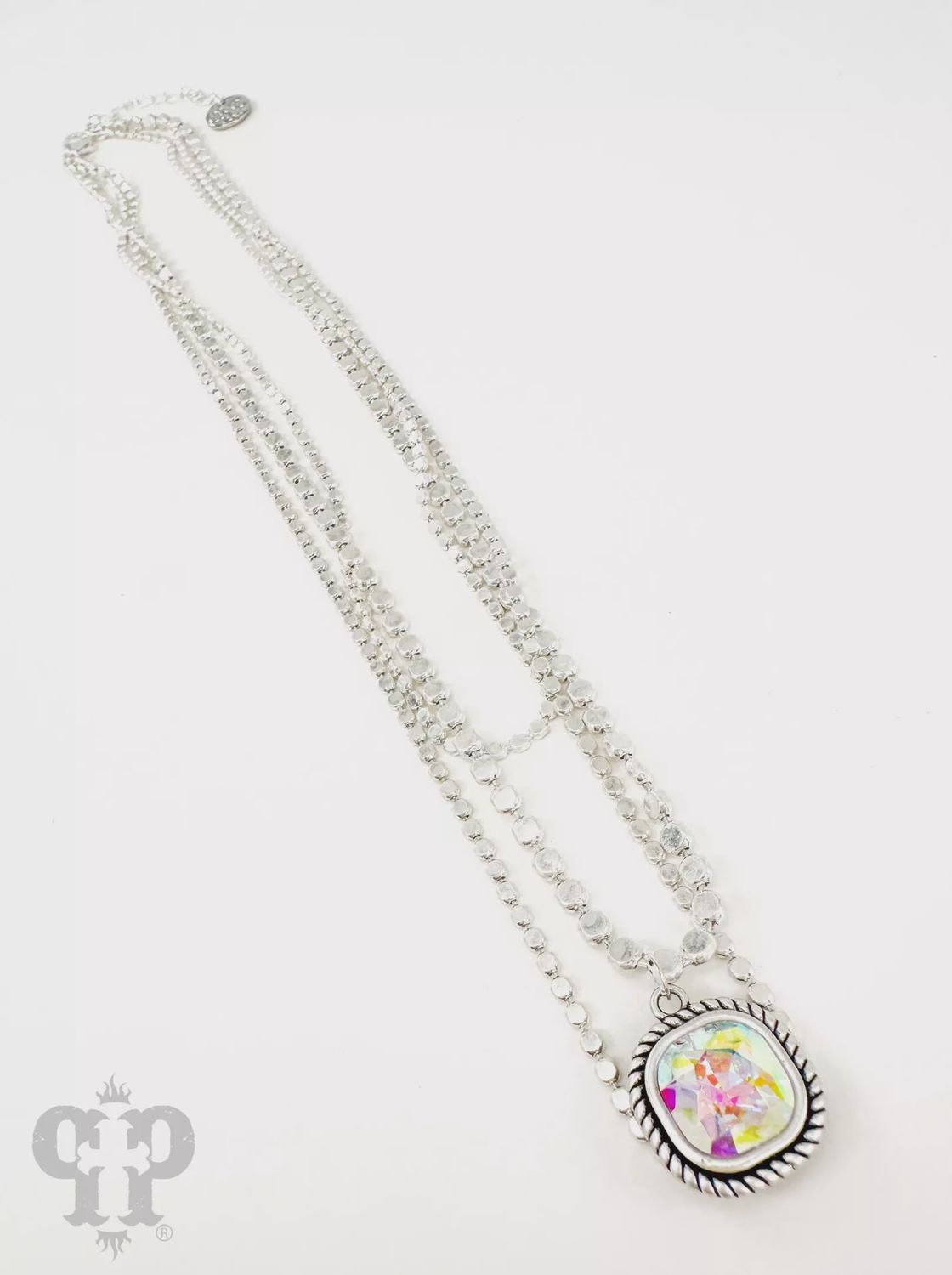Triple Strand Necklace w/ Crystal Drop-Silver