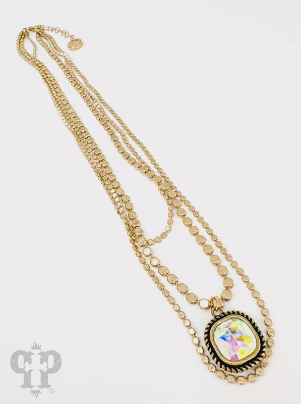 Triple Strand Necklace w/ Crystal Drop- Gold