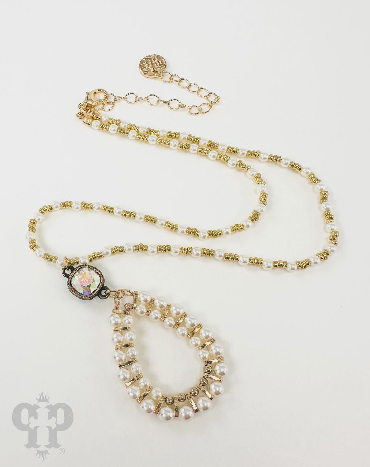Pearl Bead Teardrop Necklace w/ Austrian Crystal