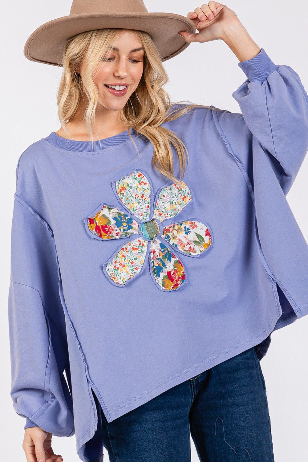 Daisy Flower Patch Terry Knit Top-Maya Blue