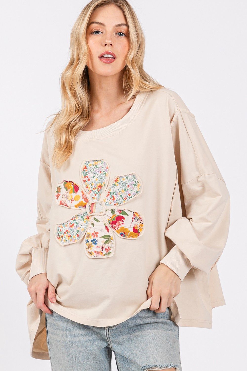 Daisy Flower Patch Terry Knit Top-Oatmeal