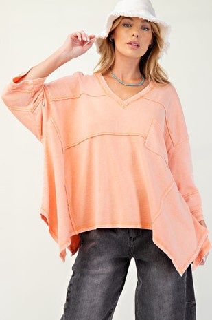 Mineral Washed V Neck Terry Knit Top Reg/Plus