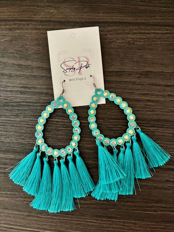 Western Rhinestone Teardrop Tassel Earrings- Turquoise
