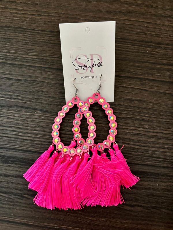 Western Rhinestone Teardrop Tassel Earrings-Pink