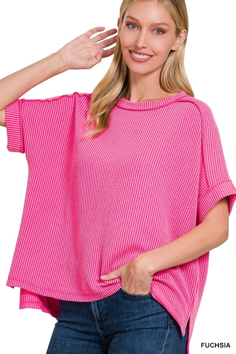 Ribbed Short Sleeve Cuffed Raw Edge Top-Fuchsia