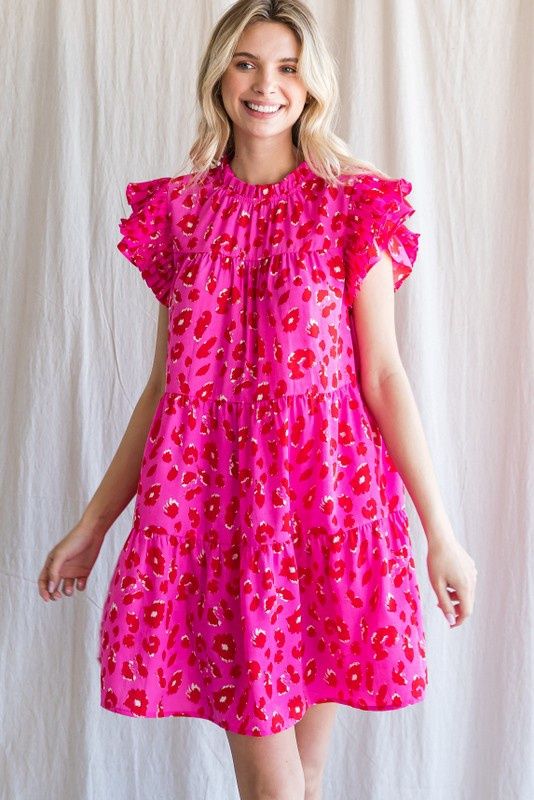 Leopard Print Cap Sleeve Tiered Dress