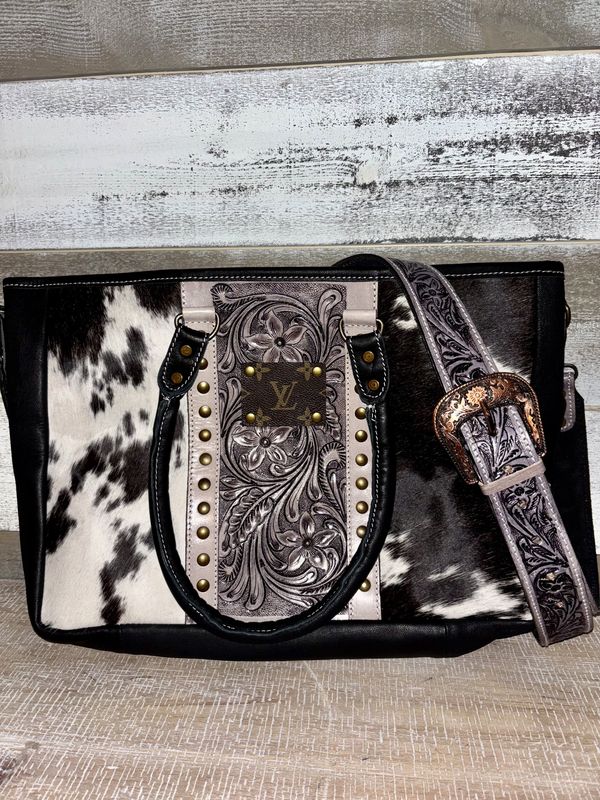 Upcycled Lv Cowhide Leather Tote Crossbody Bag Western