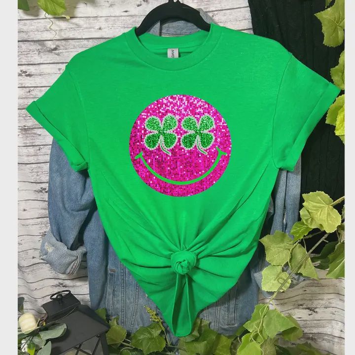 Faux Sequin Lucky Smileyface T-Shirt Reg/Plus