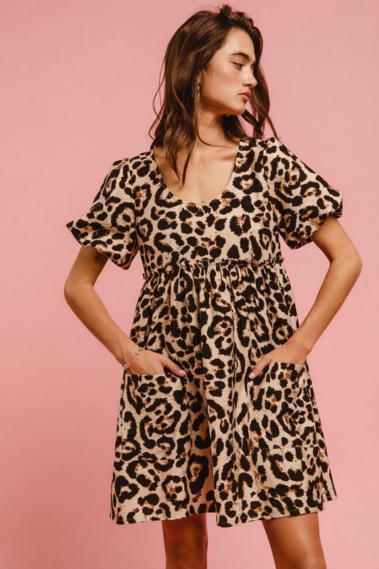 Leopard Print Woven Dress with Pockets
