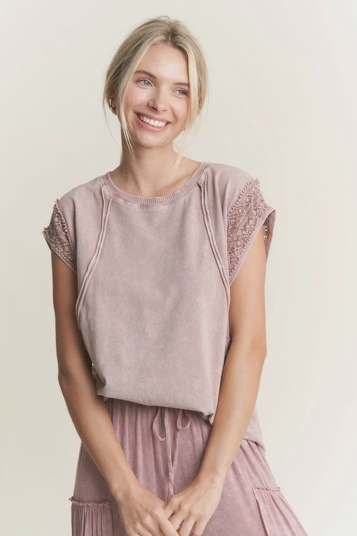 Mineral Wash Trim Cap Sleeve Blouse