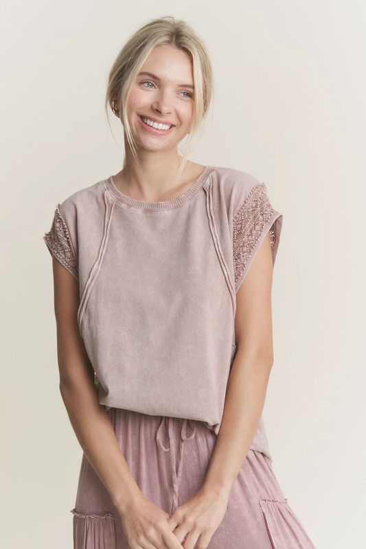 Mineral Wash Trim Cap Sleeve Blouse