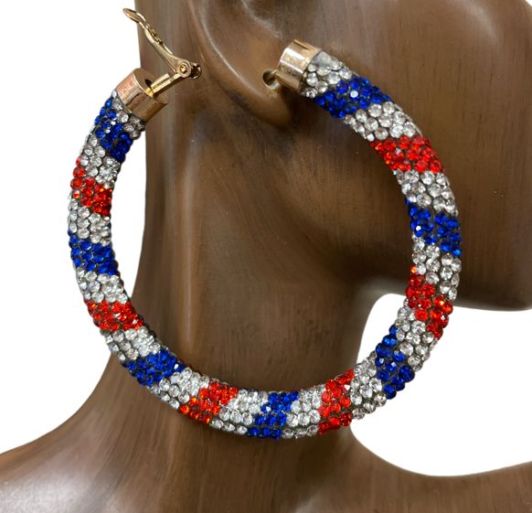 Red, White &amp; Blue Rhinestone Large Hoop Earrings