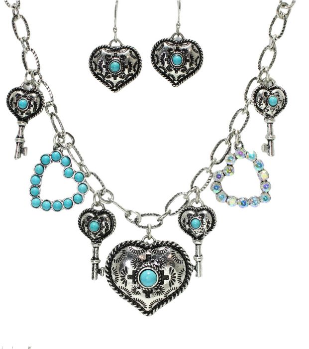 Silver Burnished/Turquoise Multi Charm Necklace